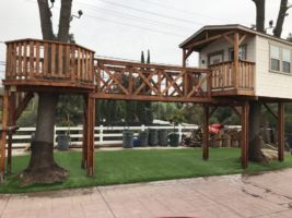 Custom tree house with a bridge to a tower we designed and built. Synthetic lawn installed
underneath.